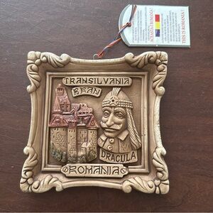 NWT VTG Romania Transylvania Souvenir Castle Bran Dracula Ceramic Plaque; 6”x 6”